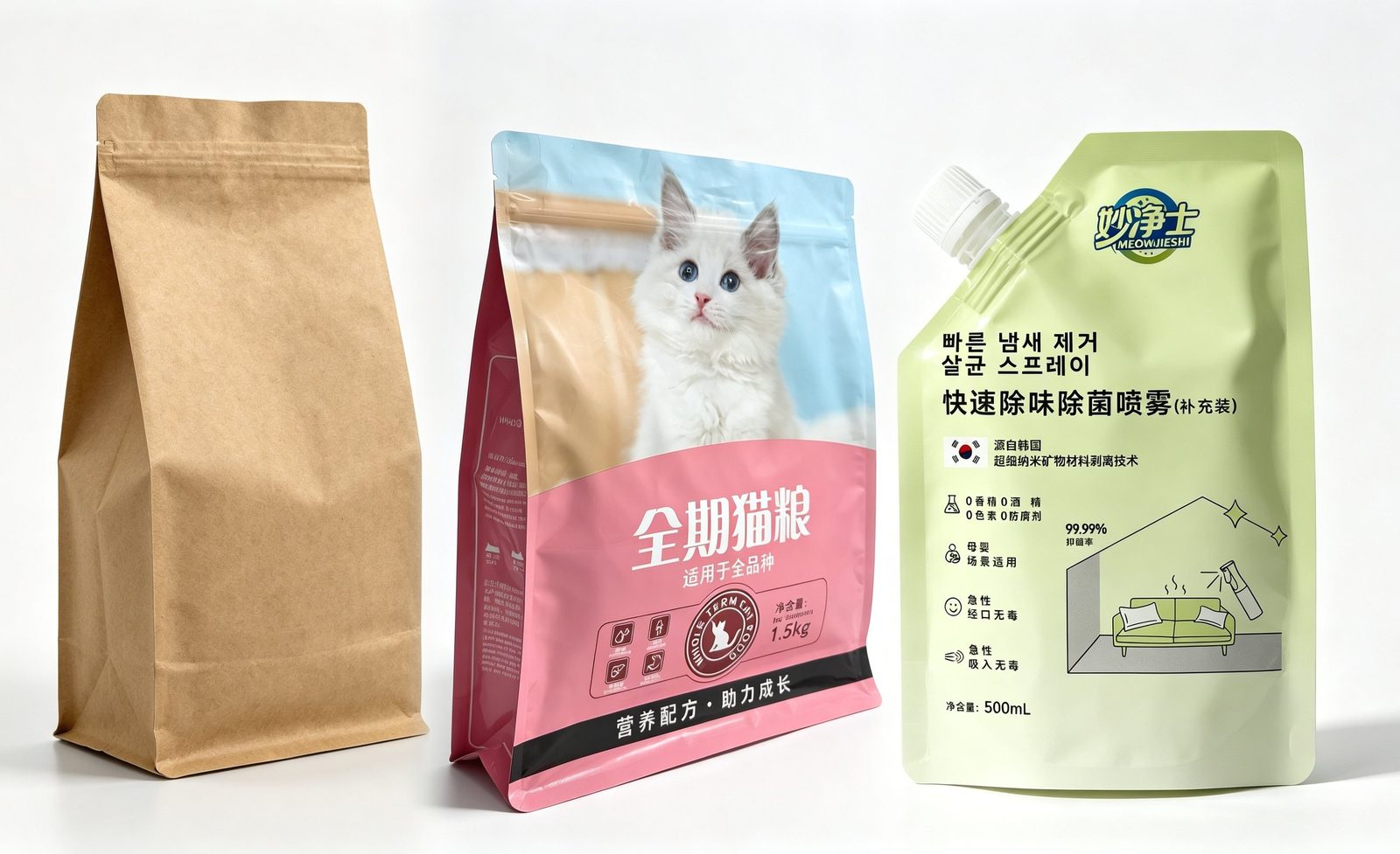 Kraft flat-bottom coffee bag, flat-bottom pet food pouch and stand-up spout pouch made by Ruixiong Packaging
